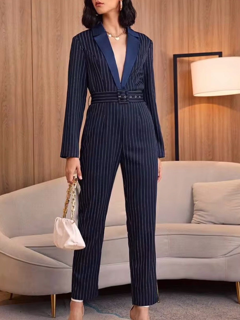 SHEIN Navy Pinstripe Long-Sleeve Jumpsuit